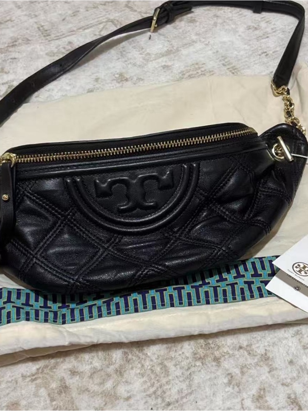 Tory Burch Black Quilted Leather Crossbody Belt Bag with Gold Hardware